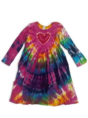 Vintage Girl’s Rainbow Heart Tie Dye Dress, Long Sleeve, Dharma Trading, Size 8